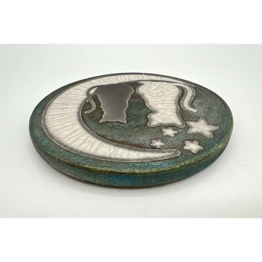 Jeremy Diller Raku Pottery Black & White Cats on the Moon Coaster 4.25” Signed
